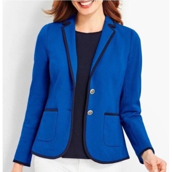 Talbots Aberdeen Pique Blue Blazer Size 12p Office Stretch Jacket Business - Picture 2 of 10